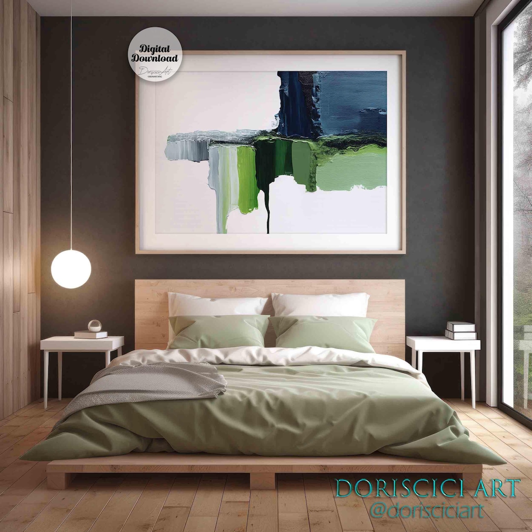 Abstract Sage Green and Navy Blue Art Print: Modern Acrylic Painting ...