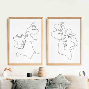 Kiss you & Kiss me ©BEINANTANG,Abstract lesbian printable Set of 2,lesbian Line Art set,women Line Sketch,Minimal Wall Art,lesbian art print