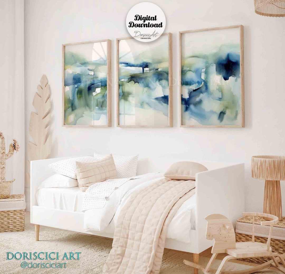 Set of 3 Neutral Abstract Watercolor Landscape Painting,navy Blue and ...