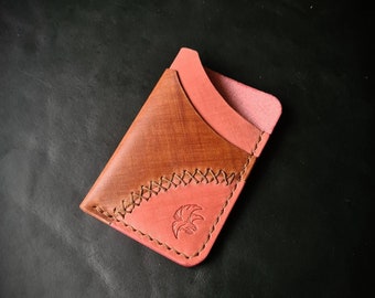 Porte-cartes fait main en cuir Mozart whisky et rose,Porte-monnaie en cuir Edc,Porte-cartes minimaliste,Porte-monnaie avec poche avant