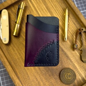 Cartera de cuero negra y morada, tarjetero de cuero hecho a mano, billetera delgada de cuero, billetera de bolsillo frontal, billetera pequeña de cuero negra y morada