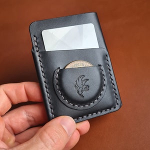 Handgemaakte minimalistische Edc lederen portemonnee met muntzakje en duimuitsnijding aan de achterkant