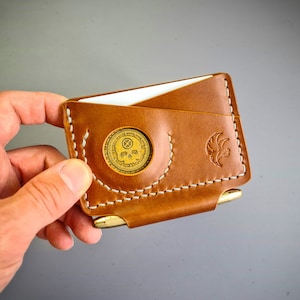 Portafoglio in pelle con tasca portamonete e slot per Fisher Space Pen, portafoglio in pelle da uomo minimalista, portafoglio EDC fatto a mano con slot per penna
