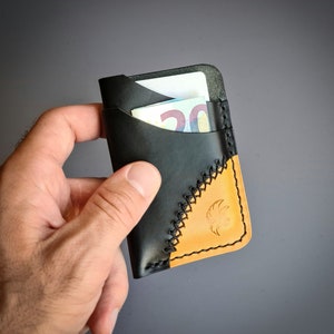 Cartera de cuero EDC minimalista hecha a mano, cartera de cuero negra y amarilla, tarjetero de cuero, cartera minimalista para hombre, tarjetero vertical