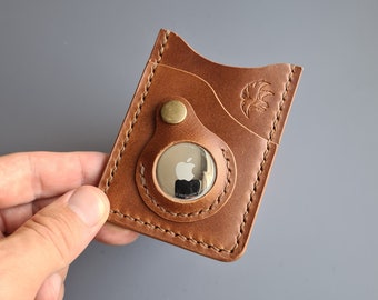 Cartera de cuero AirTag minimalista hecha a mano, cartera de cuero de 3 bolsillos con ranura AirTag