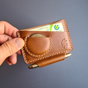 Cartera EDC de cuero con ranura para bolígrafo y bolsillo para monedas, cartera de cuero Edc minimalista, cartera EDC hecha a mano con ranura para bolígrafo, soporte para tarjeta de cuero