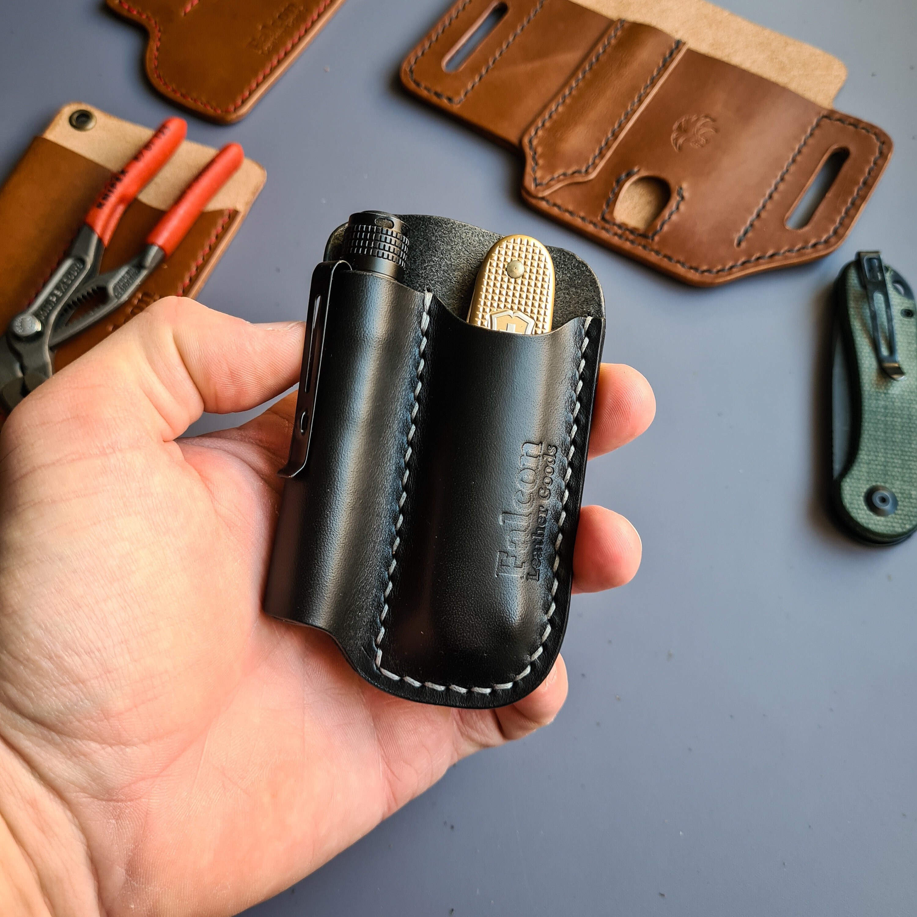 Flashlight and Knife Leather EDC Organizer,olight & SAK Leather