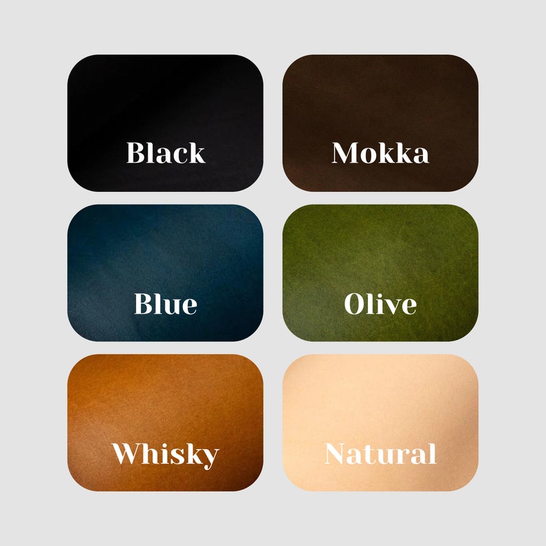Puede incluir: Seis muestras de cuero en diferentes colores: negro, marr&oacute;n, azul, verde, marr&oacute;n y beige. Las muestras est&aacute;n etiquetadas con los nombres de los colores: Negro, Mokka, Azul, Oliva, Whisky y Natural.