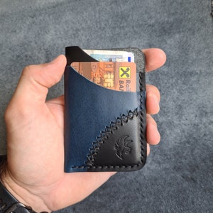 Edc Minimalistisches Portemonnaie für Männer, handgefertigtes Leder-Kartenportemonnaie, schlankes Lederportemonnaie, Vordertaschen-Portemonnaie, schwarzes und blaues kleines Lederportemonnaie