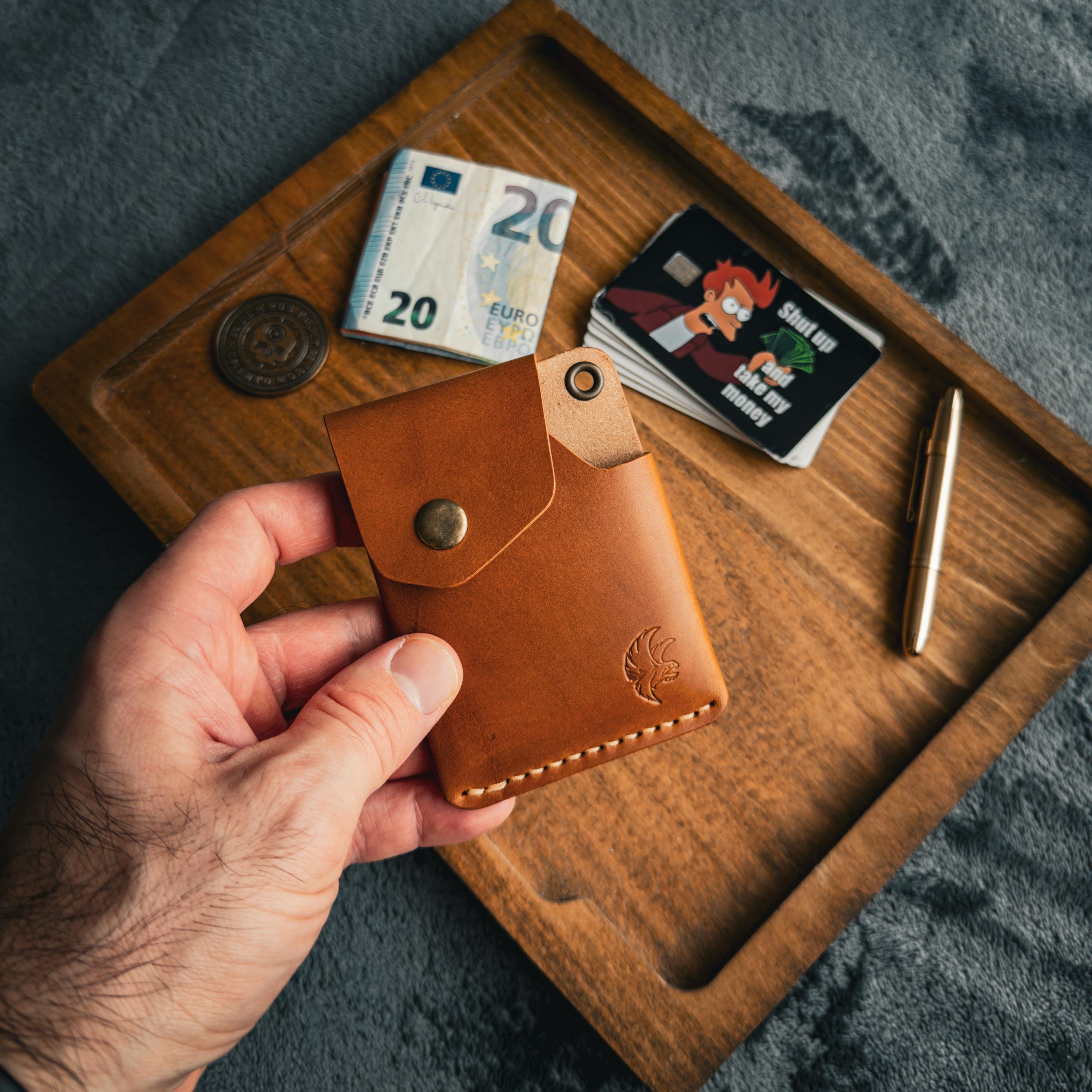 Handmade Edc Leather Wallet With a Snap Button Closure, Minimalist