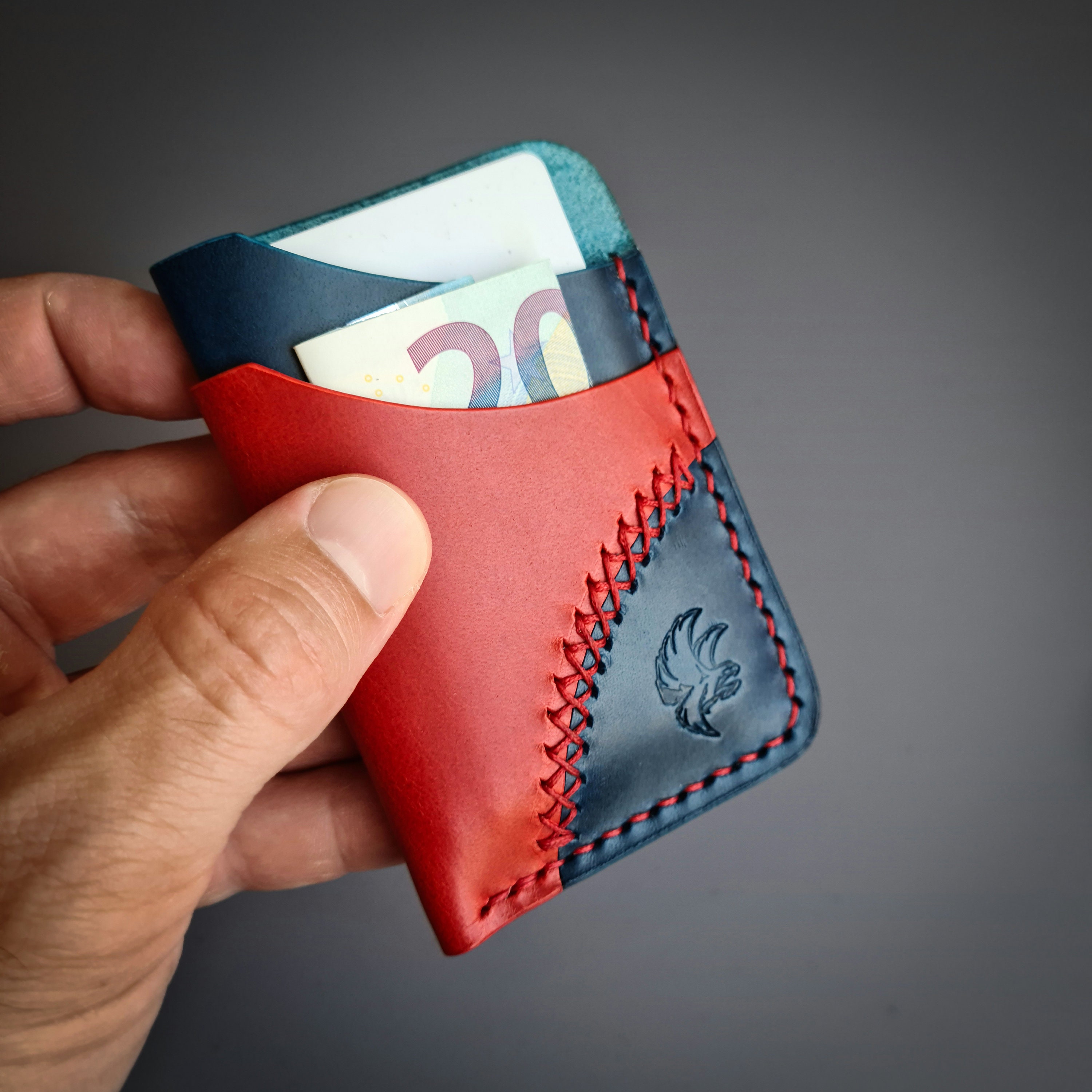 Handmade Minimalist EDC Leather Wallet, Blue and Red Leather