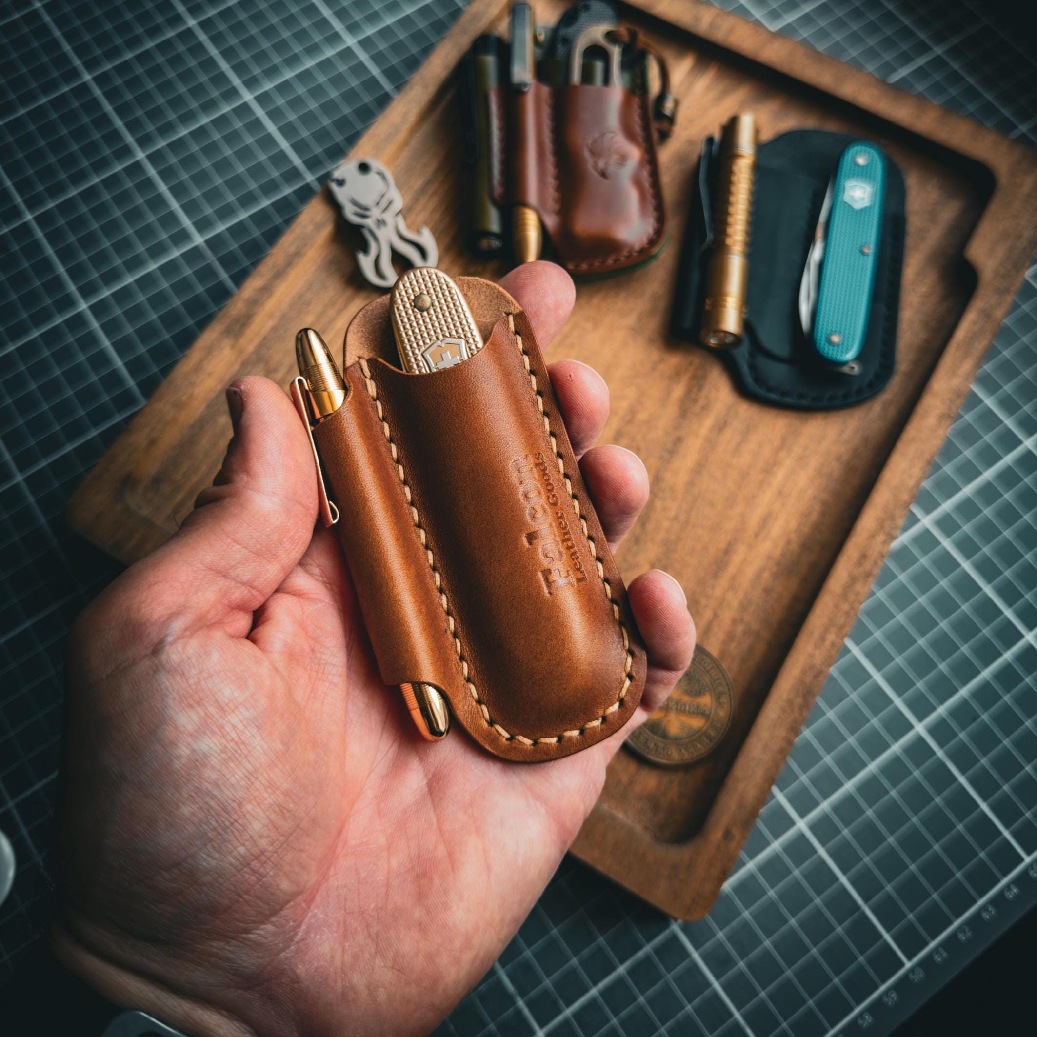 Wunschleder Knife 包丁 6本セット レザーケース付き Leather EDC Pocket Organizer, Knife & Pen Holder - Etsy
