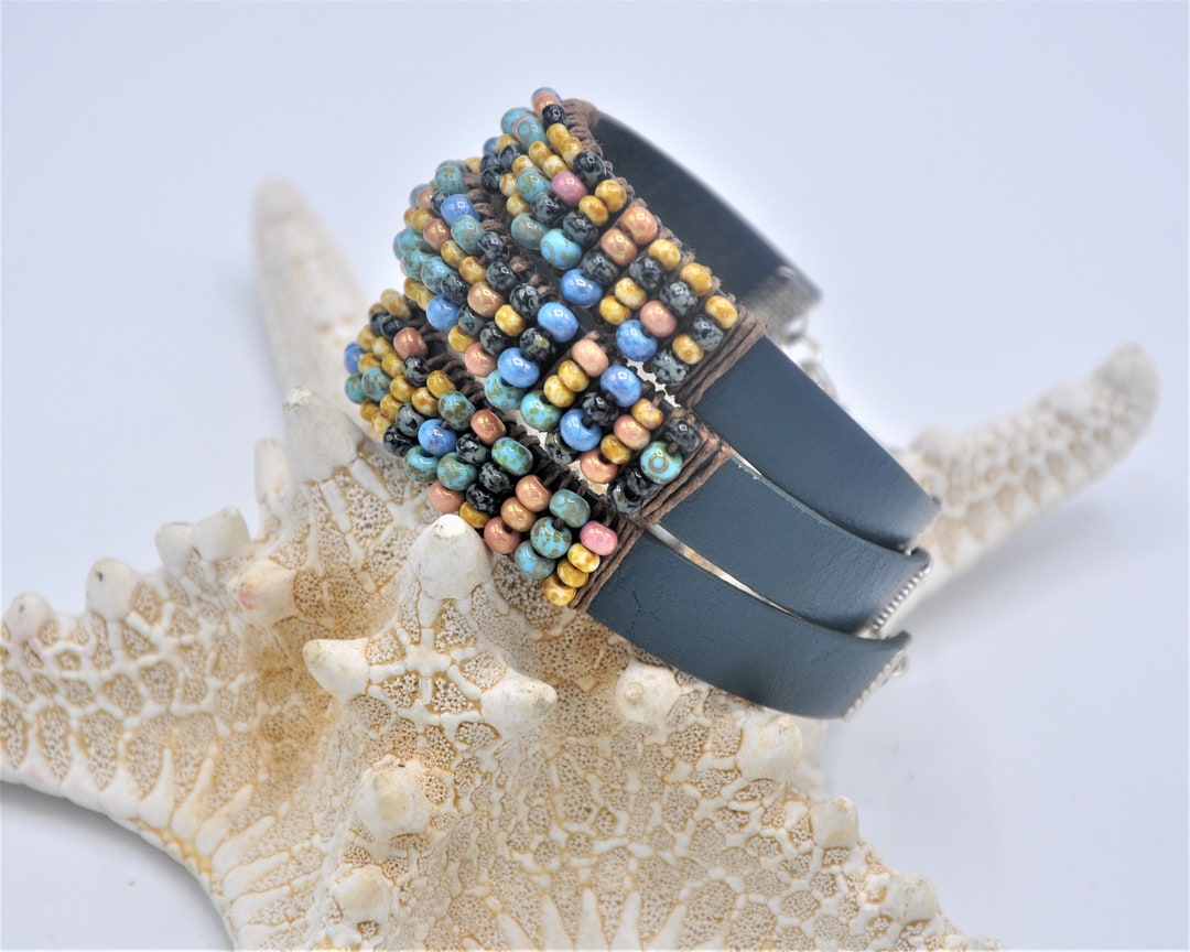 Leather Cuff Bracelet, Blue Leather Cuff, Beaded Leather Cuff, Beaded