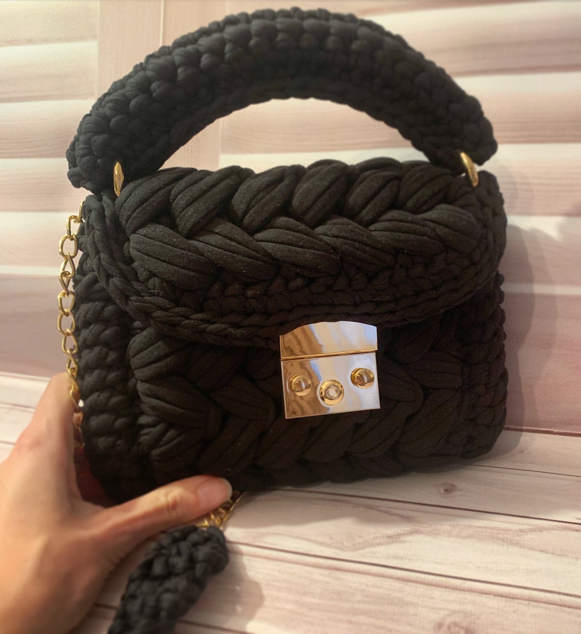 Black Crochet bag Knitted crossbody Eco bag Handmade | Etsy