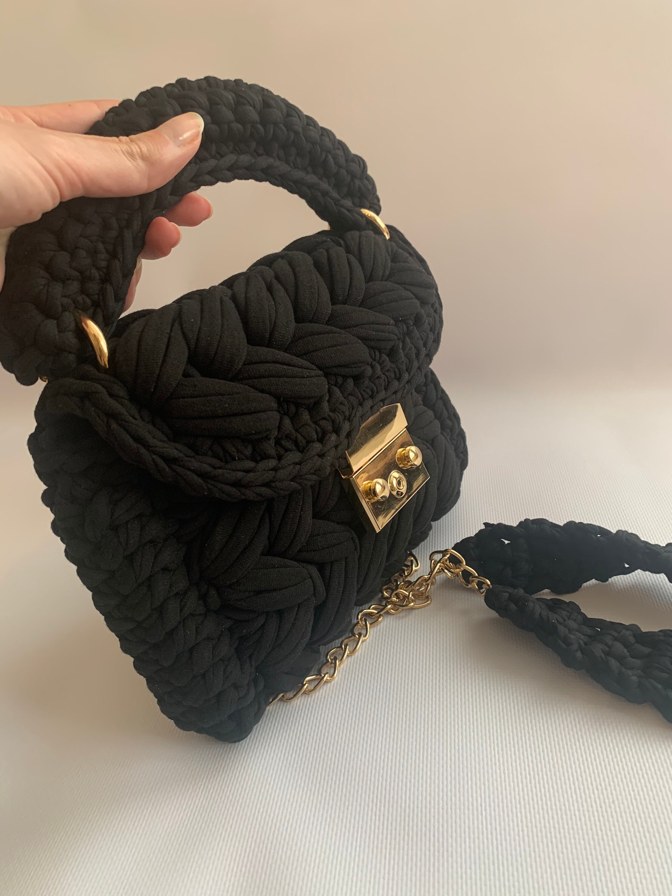 Black Crochet bag Knitted crossbody Eco bag Handmade | Etsy