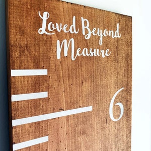 May include: A brown wooden growth chart with white markings and the text "Loved Beyond Measure" and the number "6" at the top.