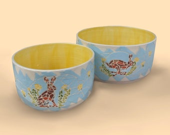 Handmade Pho Mosaic Running and Sitting Rabbit Hare Ceramic Bowl Sgraffito and Stencil