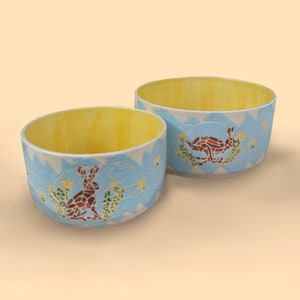 Handmade Pho Mosaic Running and Sitting Rabbit Hare Ceramic Bowl Sgraffito and Stencil