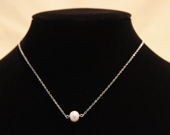 Large Real Single Pearl White Sterling Silver Chain Necklace 8-10mm