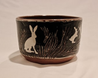 Handmade Black and White Ceramic Bowl Hare Rabbit Bird Cardinal Horse Fish