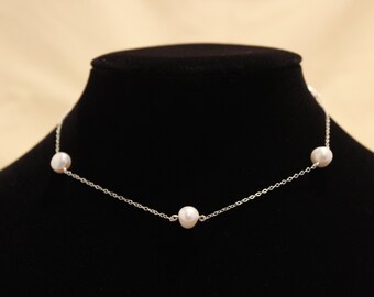 Large Real Pearl White Sterling Silver Chain Necklace 8-10mm