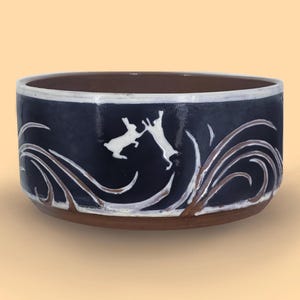 Handmade Black and White Ceramic Bowl Hare Rabbit Bird Cardinal Horse Fish