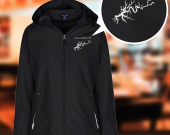 Warm Clothes, Lake Cumberland Map Embroidered Sport-Tek Women/'s Jersey-Lined Hooded Windbreaker Winter Clothes