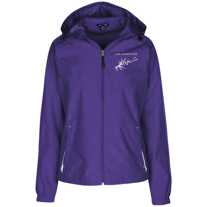 Warm Clothes, Lake Cumberland Map Embroidered Sport-Tek Women/'s Jersey-Lined Hooded Windbreaker Winter Clothes