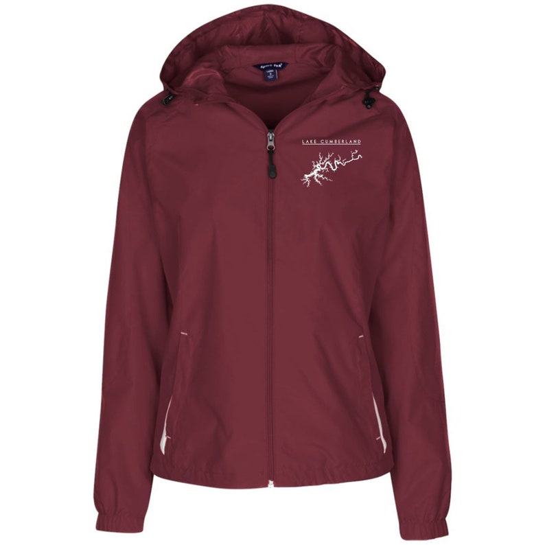 Warm Clothes, Lake Cumberland Map Embroidered Sport-Tek Women/'s Jersey-Lined Hooded Windbreaker Winter Clothes