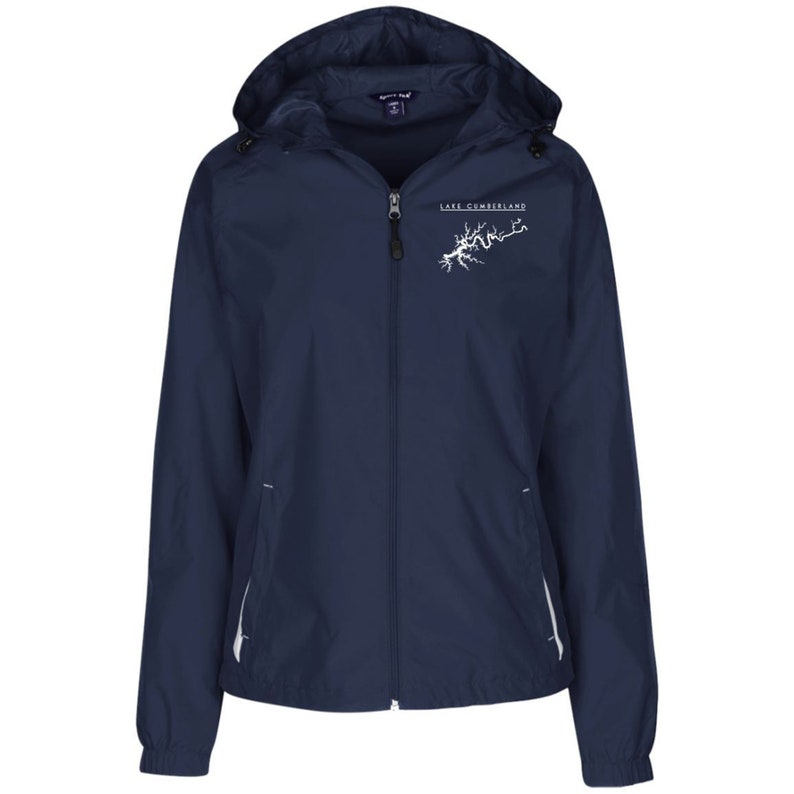 Warm Clothes, Lake Cumberland Map Embroidered Sport-Tek Women/'s Jersey-Lined Hooded Windbreaker Winter Clothes