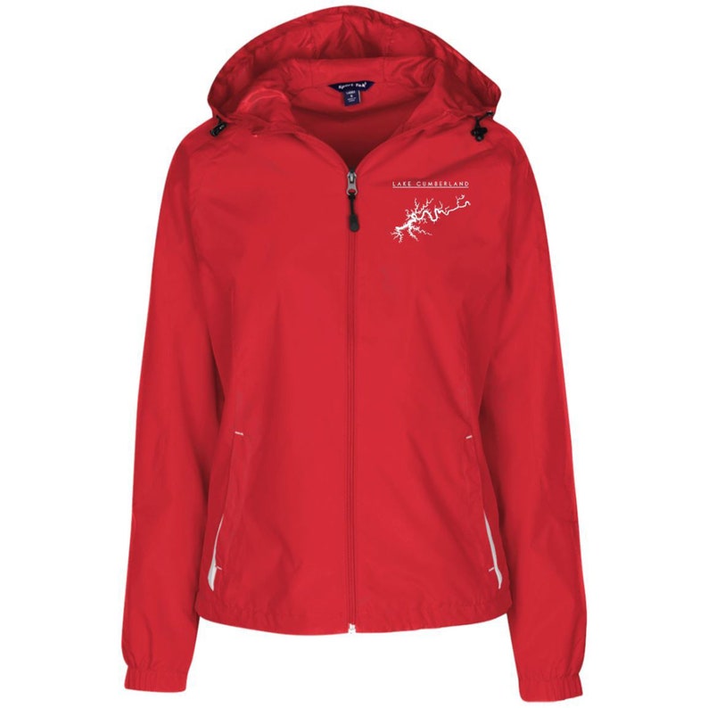 Warm Clothes, Lake Cumberland Map Embroidered Sport-Tek Women/'s Jersey-Lined Hooded Windbreaker Winter Clothes