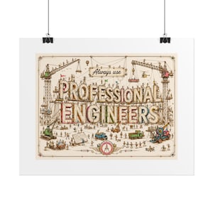 May include: A detailed illustration featuring the text Always use PROFESSIONAL ENGINEERS in large, decorative letters. The scene depicts a busy construction site with cranes, heavy machinery, and numerous small figures working together.