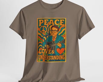 Unisex-T-Shirt aus schwerer Baumwolle mit den Aufschriften „Frieden“, „Liebe“ und „Verständnis“
