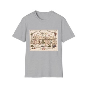 Peut inclure: Un t-shirt gris chiné à manches courtes avec une impression graphique rectangulaire sur la poitrine. Le motif représente des scènes de construction avec des grues et des ouvriers entourant le texte Always use PROFESSIONAL ENGINEERS.