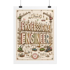 Könnte beinhalten: Eine detaillierte Illustration mit dem Text Trust A PROFESSIONAL ENGINEER. Das Bild zeigt zahlreiche kleine Figuren, die die großen Buchstaben mit Kränen, Lastwagen und Werkzeugen konstruieren. Die Szene ist in gedeckten Farben auf cremefarbenem Grund gehalten.