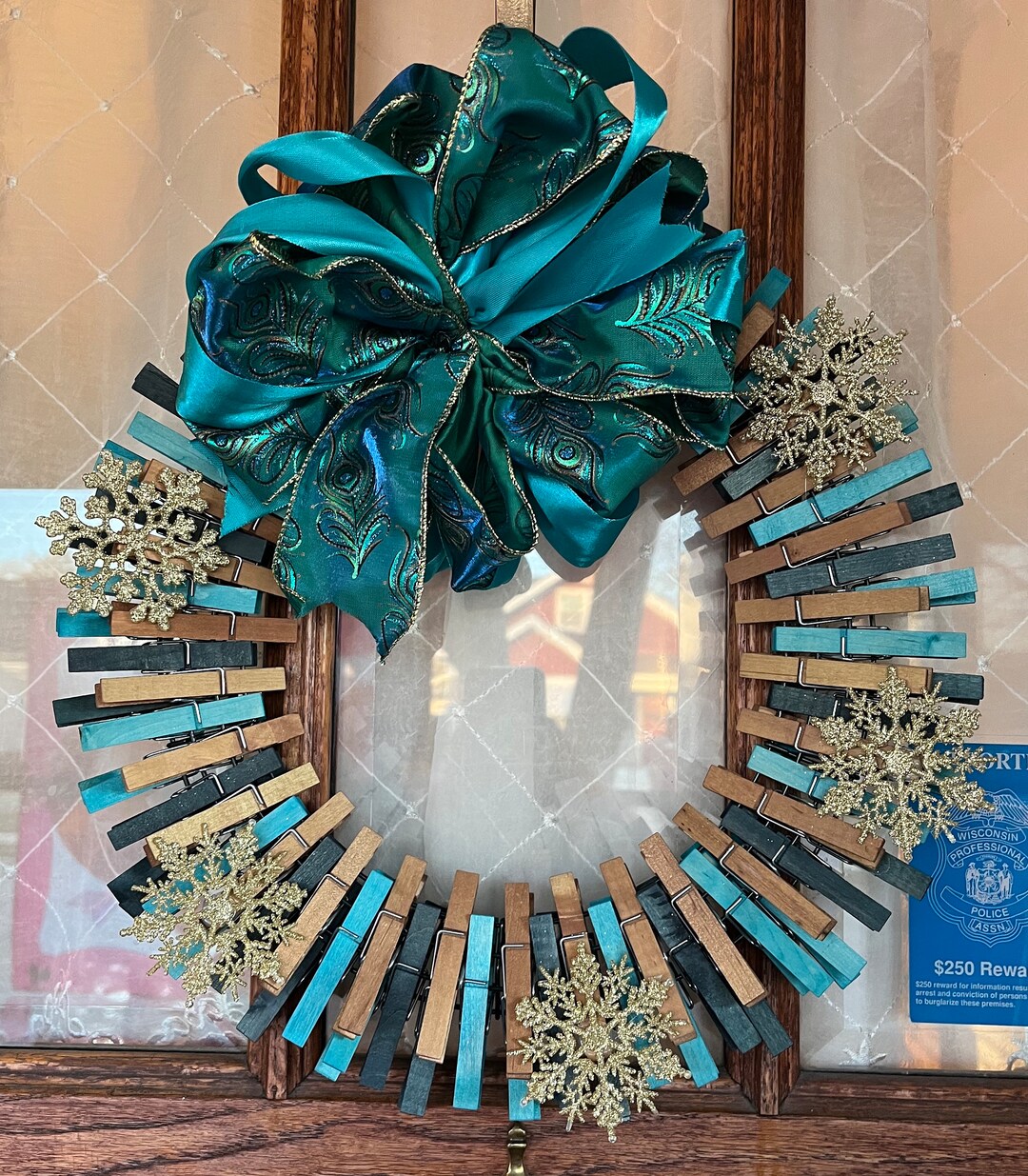 Winter Clothespin Wreath. Gold Snowflakes. Turquoise, Dark Blue, and ...