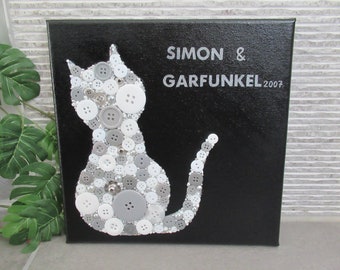personalized button art painting cat on canvas, black and white.