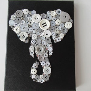 Button art grey and white elephant painting on black canvas 18x24cm