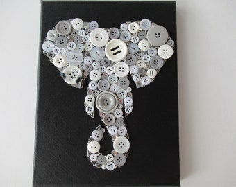 Button art grey and white elephant painting on black canvas 18x24cm