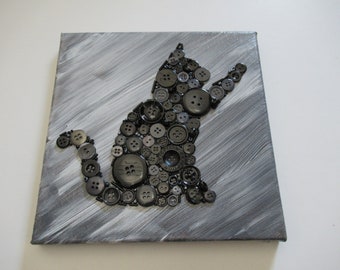 black and white button art cat. On canvas 20x20cm