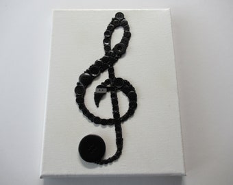 Black music clef button art painting on white canvas 24x18cm