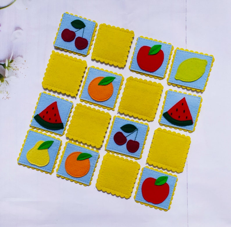 Felt memory cards Felt matching game Felt toy pattern Fruit felt memory game pattern PDF Travel Toys