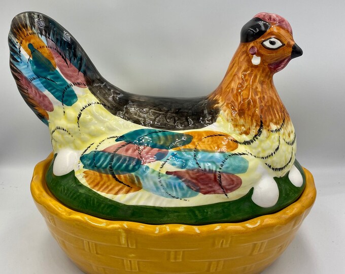 Vintage Made in Portugal Ceramic Hen on Nest, Egg Holder, Farmhouse
