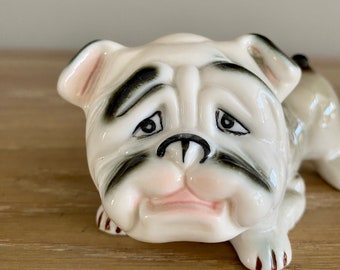Bone china BULLDOG figurine, ENGLISH BULLDOG, porcelain, dog lover, British bulldog, jowls, wrinkles, comical, wiggling, loyal, companion