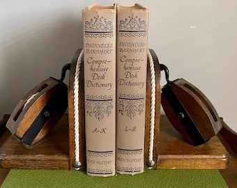 Vintage Nautical Wooden Bookends with Pulleys, Coastal Cottage Decor