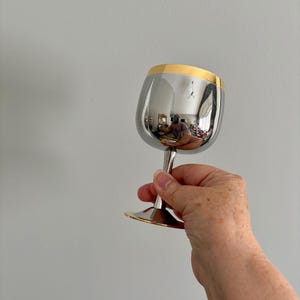 May include: A shiny, silver wine glass with a gold rim and base. The glass is held up, reflecting the surrounding environment. The stem is slender and elegant, adding to the overall sophisticated design of the glassware.