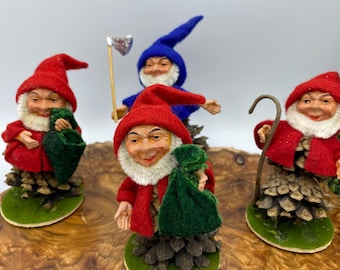 Vintage WEST GERMAN GNOMES figures, set of 4, pinecone gnomes, realistic face/hands, good luck gnomes, comical, fantasy, pixies, Erdmannchen