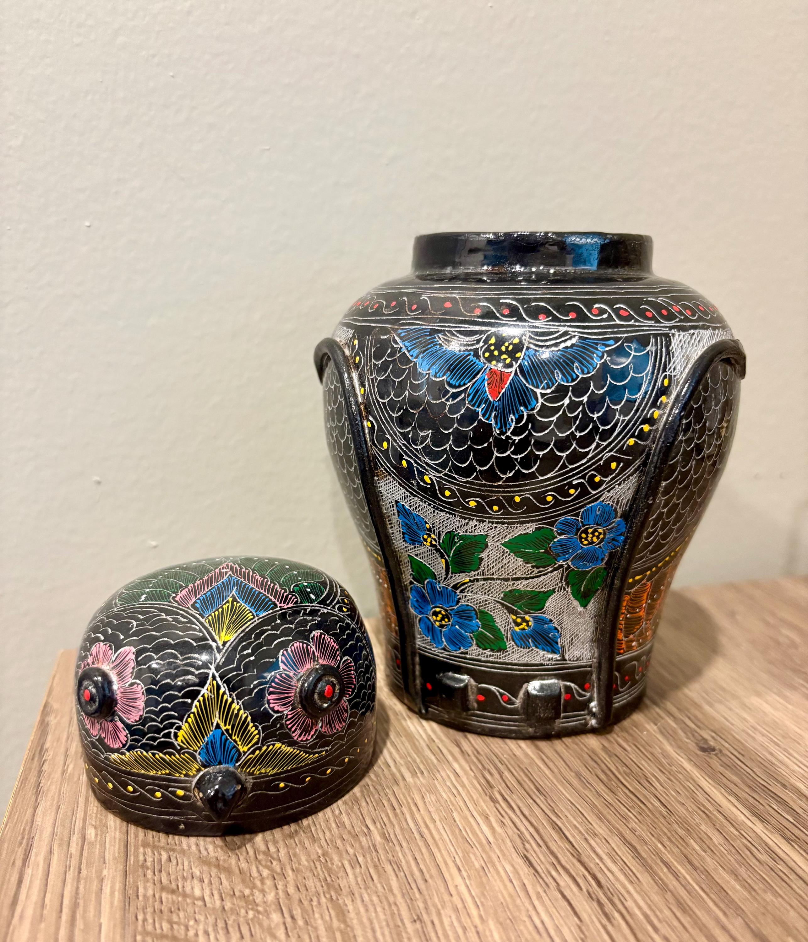 PAPAER MACHE OWL lidded ginger jar, made in Thailand, glass eyes, "cloissone" style, kitsc