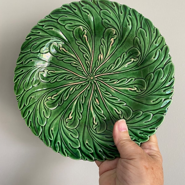 Antique MAJOLICA green plates, set of 2, Glamorgan Wales, Swansea Pottery ?, antique Majolica, 8 1/4" diameter, spring table, swirl plates