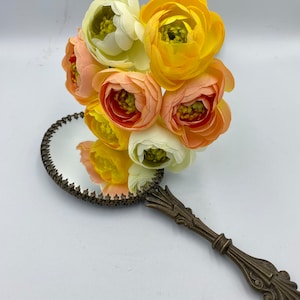Vintage LIMOGES France hand mirror, 7 1/4&quot; length, rose floral, signed, delicate mirror, romantic, sculptural, Victorian, love, passionate